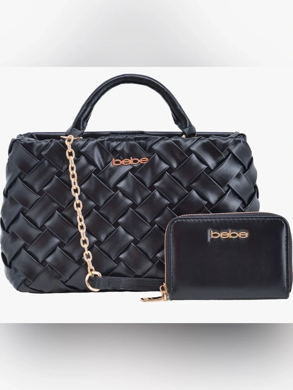 bebe Black Woven Satchel with Gold-Tone Chain and Matching Wallet